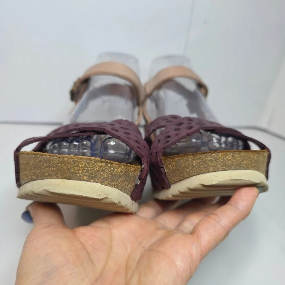 Wanda Panda Shoes Wedge Sandals Burgundy‎ Leather Cutout Cork Sole W's Size 41